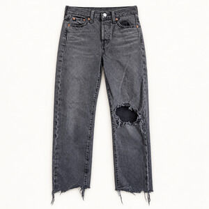 Levi's Premium Wedgie Straight Jeans Gray High Rise Distressed Raw Hem Size 26